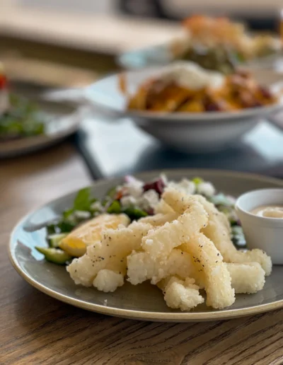 Fried Calamari Greek salad, garlic mayo, lemon (gf, df)