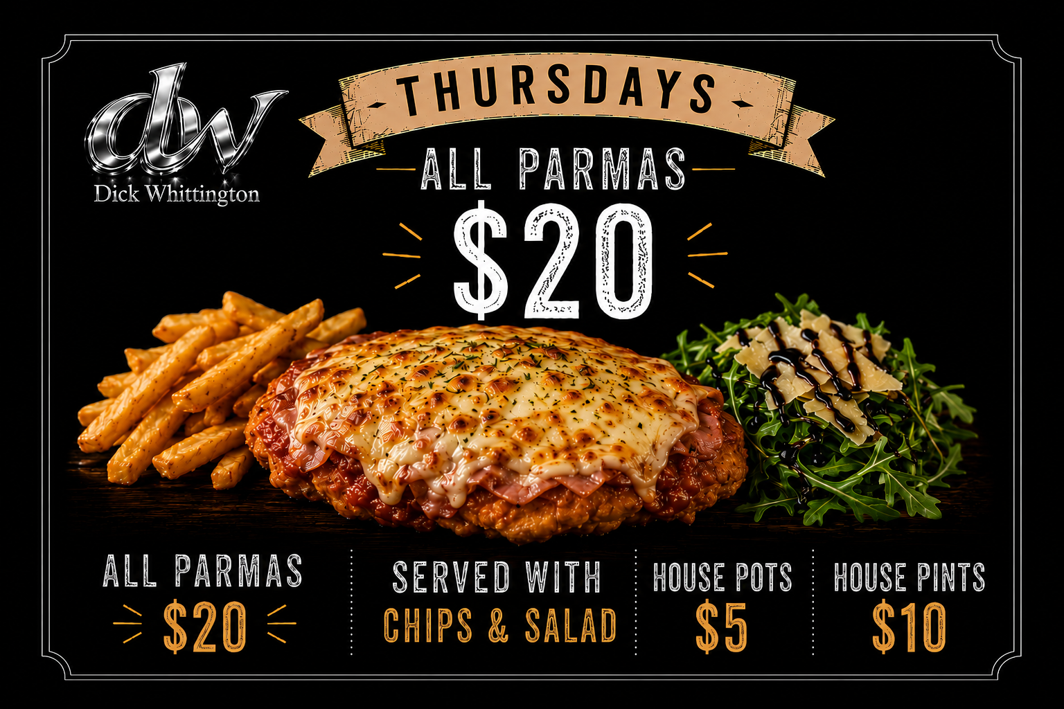 $25 Steak Night deal at The Dick Whittington Tavern in St Kilda. 250g porterhouse steak served with chips, salad and choice of gravy or pepper sauce