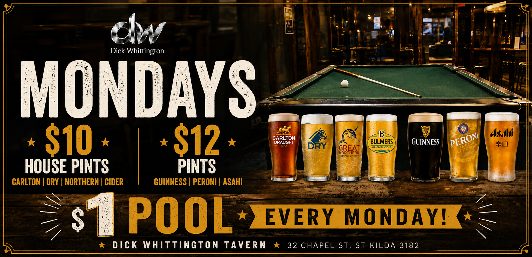 $25 Steak Night deal at The Dick Whittington Tavern in St Kilda. 250g porterhouse steak served with chips, salad and choice of gravy or pepper sauce